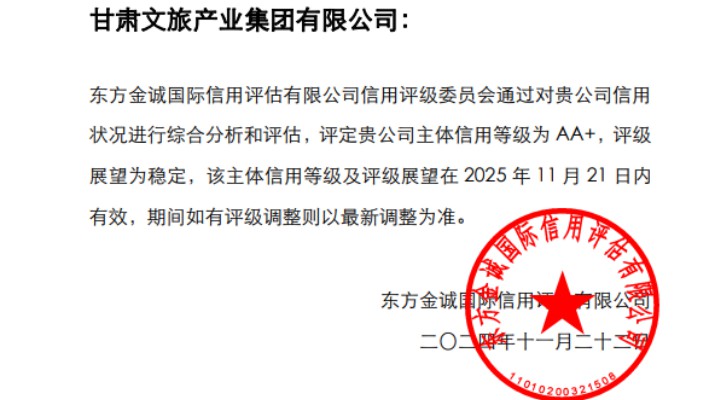 喜報！甘肅文旅集團獲AA+主體信用評級